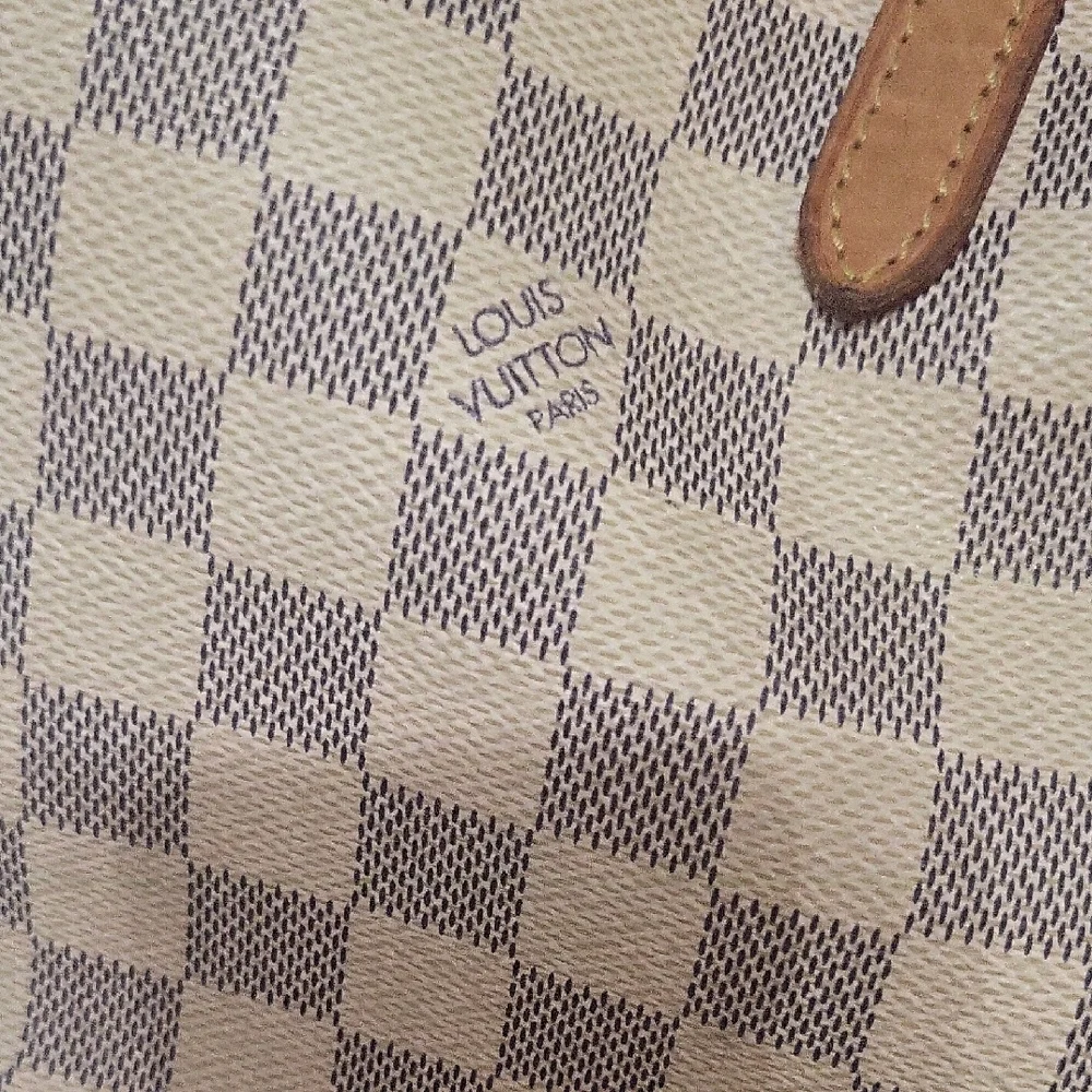 Designer-Style Neutral Check Canvas Tote Bag with Tan Leather Straps - Picture 3 of 3